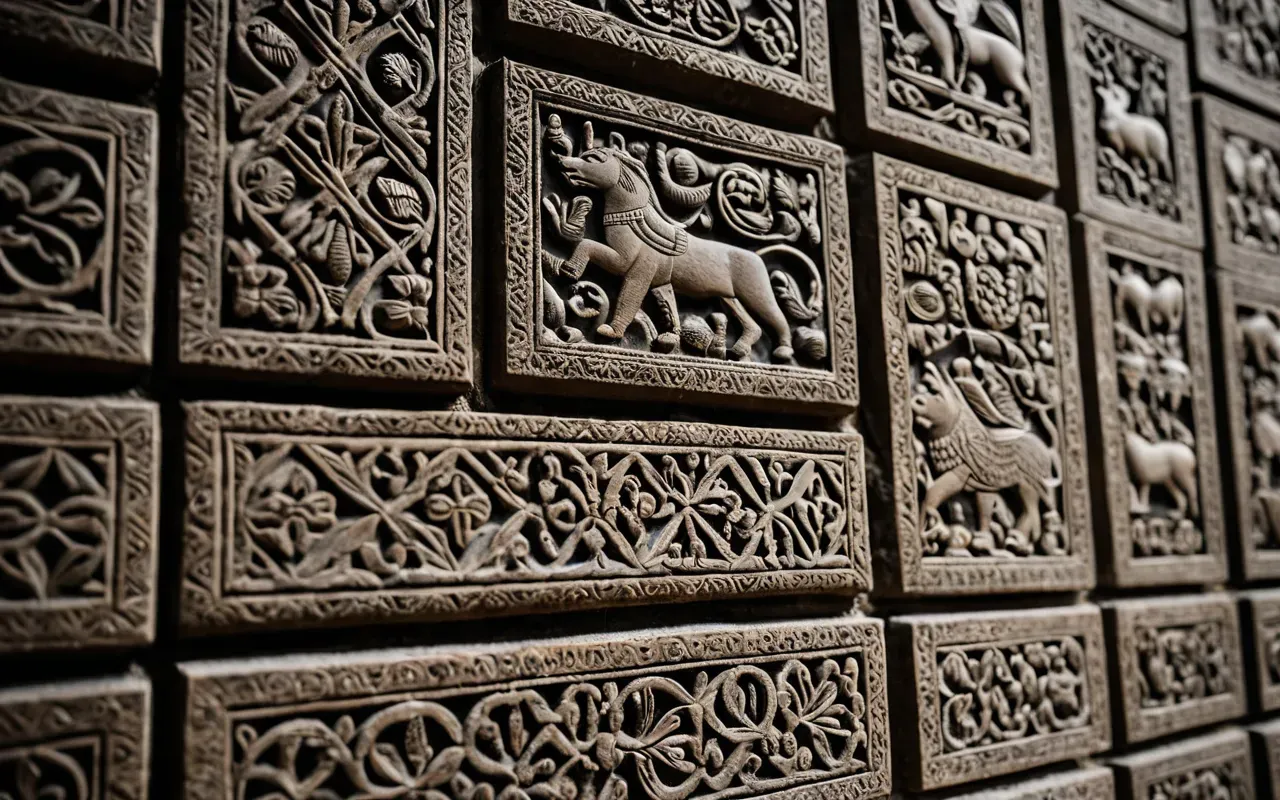 ancient carvings details A close-up view of intricate stone carvings depicting animal shapes on a vertical surface with natural lighting and no human figures or writing visible.
