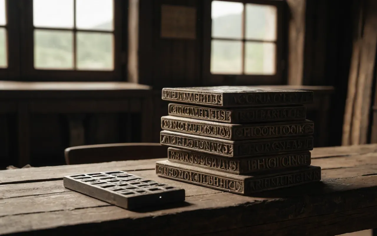 ancient celestial records A close-up view of weathered clay tablets stacked on a wooden table in a dimly lit study room. Soft natural light from a window highlights the texture and age of the artifacts without any visible writing or markings.