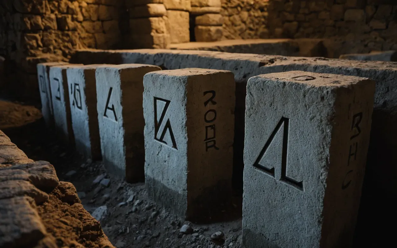 A close up view of weathered limestone pillars standing in a dimly lit excavation trench with soft natural light filtering down from above highlighting the rough texture and ancient carvings on the stone surfaces without any text or signage visible.