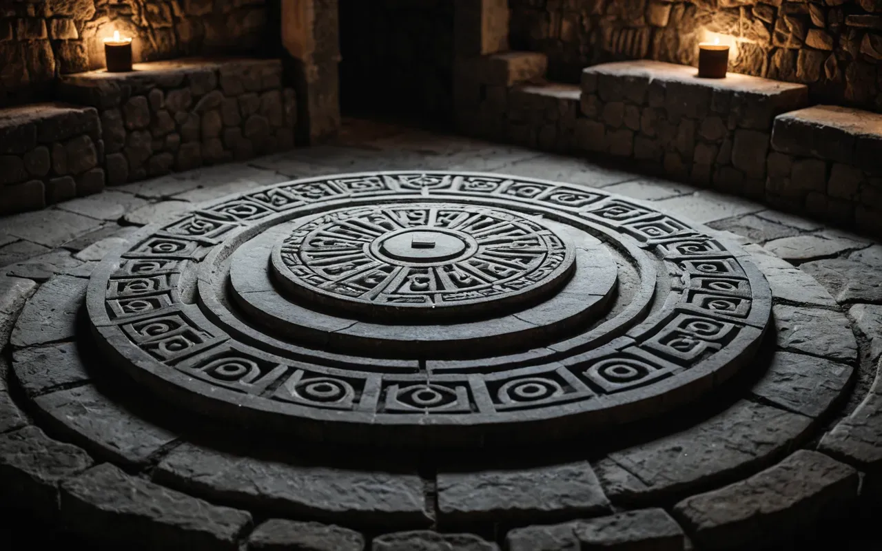 A conceptual image showing a series of abstract geometric shapes made from stone arranged in a circle under dim lighting to represent ancient ritual spaces without any text or recognizable modern objects.