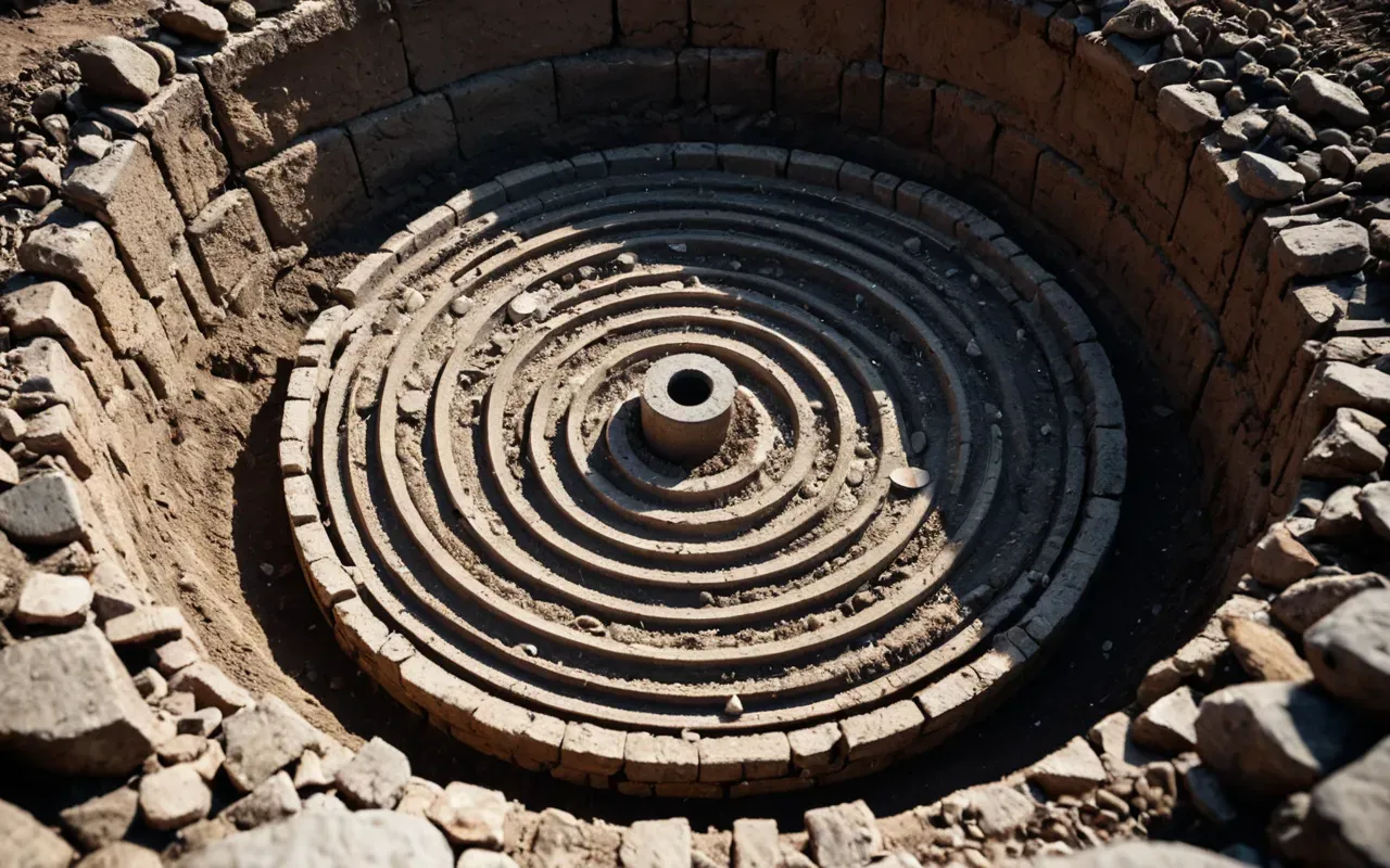 A cross section view showing layers of compacted earth and stone debris filling a circular pit with visible tool marks on the inner walls indicating deliberate human activity in creating these deposits over time without any labels or text.