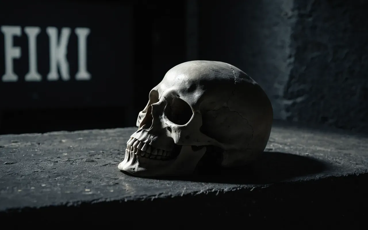 human skull A dark moody photograph of a single human skull resting on a flat stone surface with dramatic lighting highlighting the contours and creating deep shadows without any background context or objects