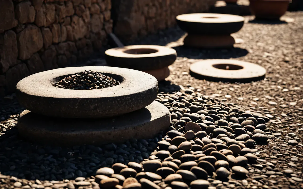 A detailed still life photograph of ancient grinding stones and scattered charred seeds on a rough stone surface with warm directional lighting and high contrast.