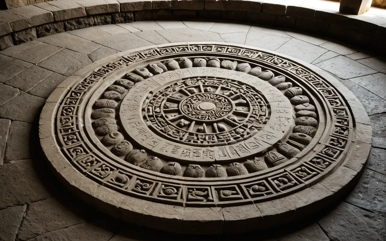 A detailed view of carved stone animal figures arranged in a circular pattern on the floor of an underground chamber with soft shadows cast by natural light emphasizing the intricate details and organic shapes without any human presence or text.