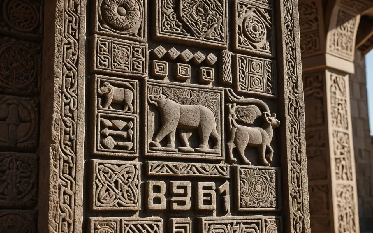 stone carvings A detailed view of stone carvings depicting animals and geometric shapes on a large vertical slab in natural light.