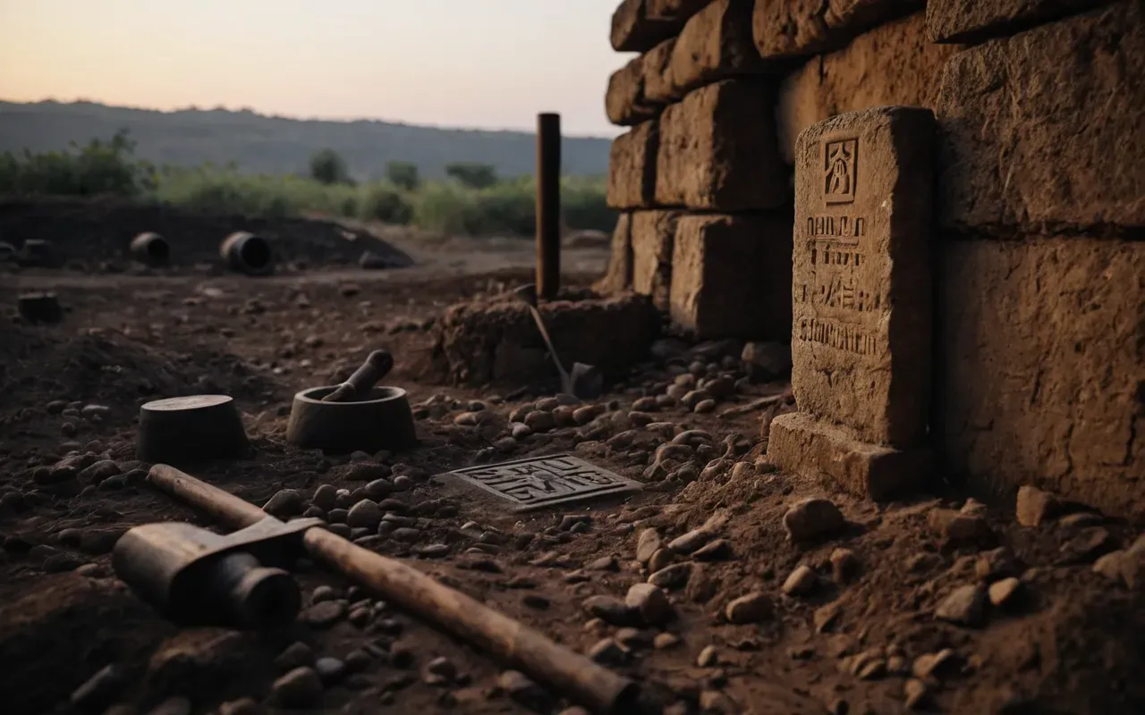 Göbeklitepe A dimly lit excavation site at dusk with a single worklight illuminating the rough texture of ancient stone pillars surrounded by loose soil and small hand tools.