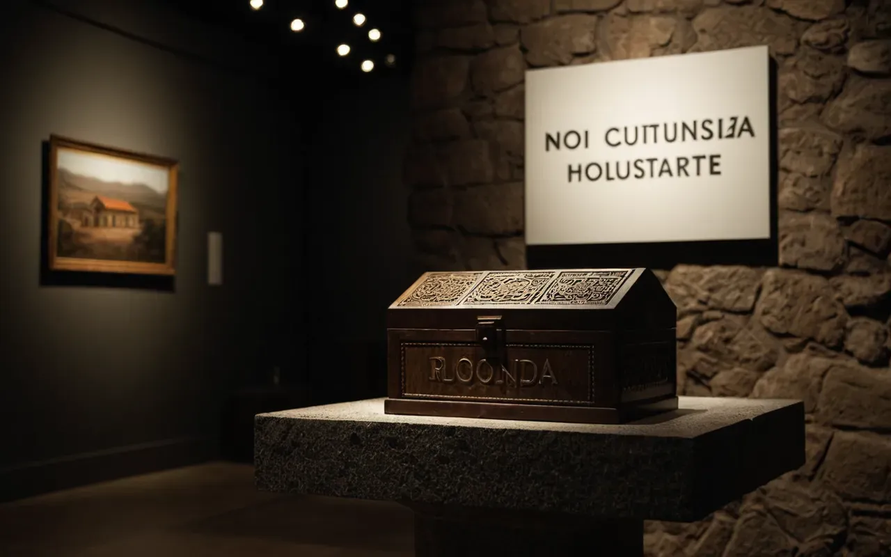 museum lighting focus A dimly lit museum gallery with a single spot light illuminating a small stone box on a pedestal while the surrounding area remains in deep shadow creating a dramatic and focused atmosphere.
