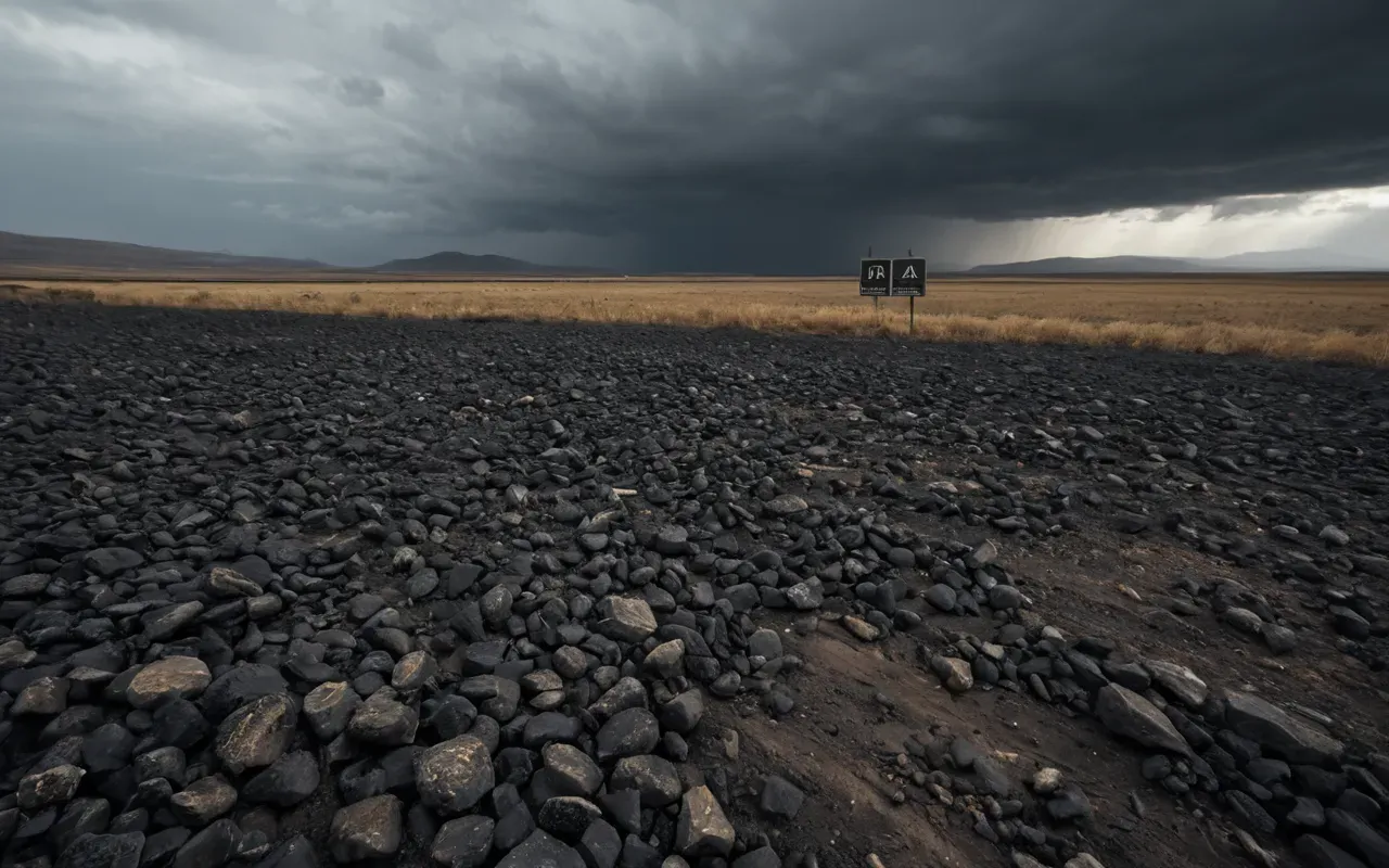 A dramatic landscape view of a barren field with dark scorched earth and scattered rocks under a gray heavy stormy sky. The scene evokes a sense of ancient catastrophe and environmental upheaval.