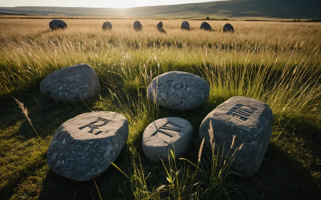 stone shadows A group of large stones standing in a field with long shadows cast by the low sun and wild grasses swaying around them.