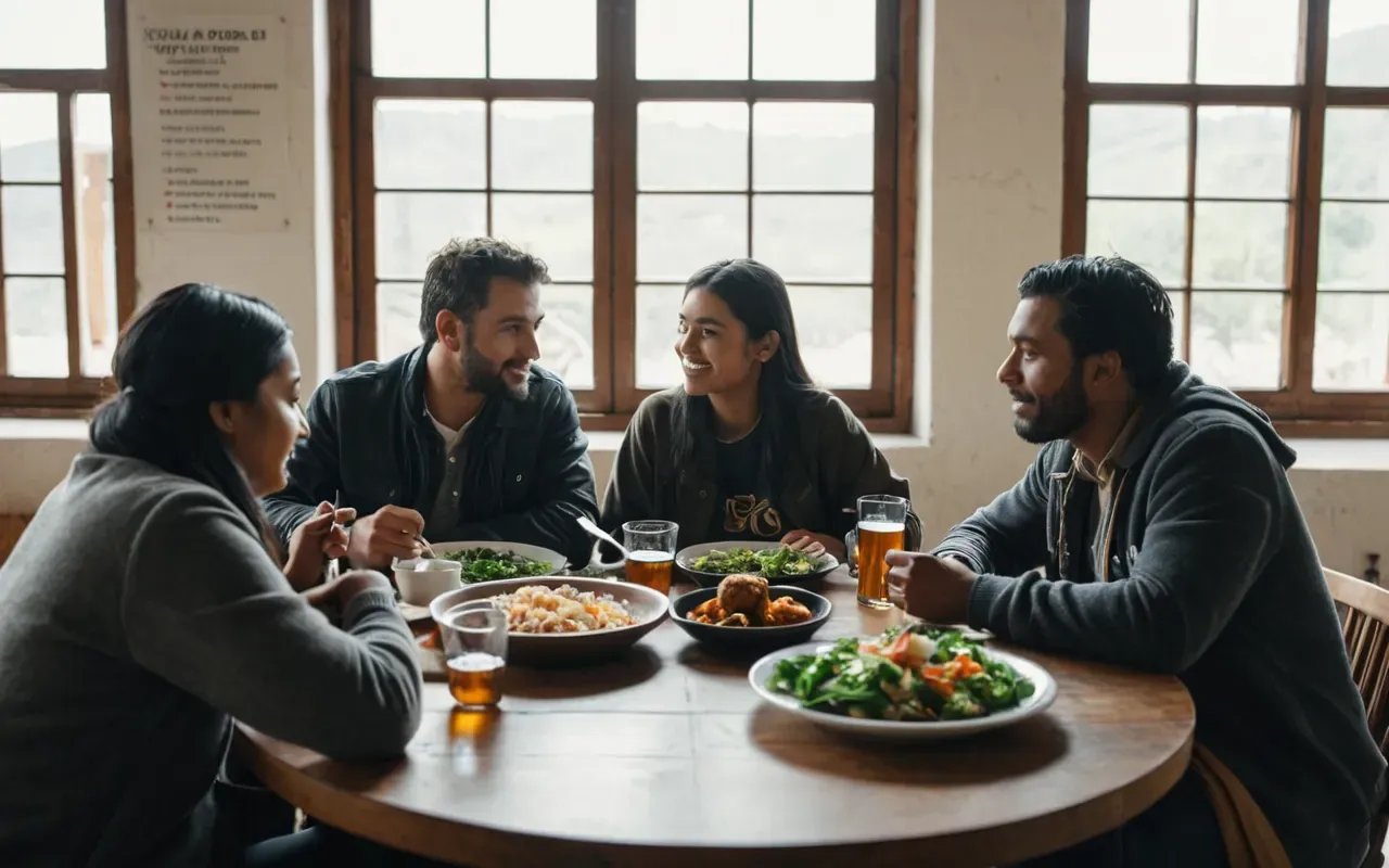 community sharing A group of modern people sitting around a table sharing food in a bright room with large windows and natural light emphasizing connection and community without any specific cultural markers or text