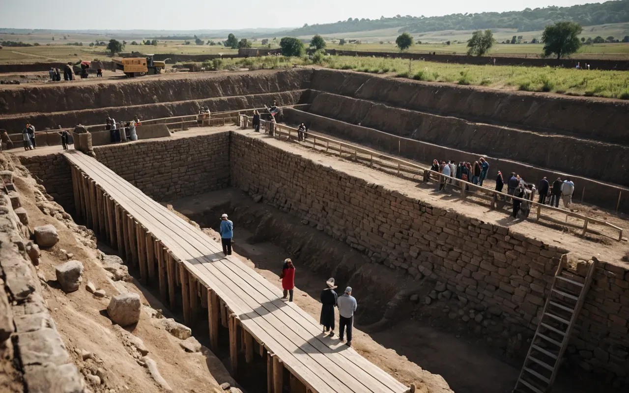 A group of people standing on a modern wooden deck overlooking an excavated trench. The view shows layers of earth and stone structures in the background under natural daylight.