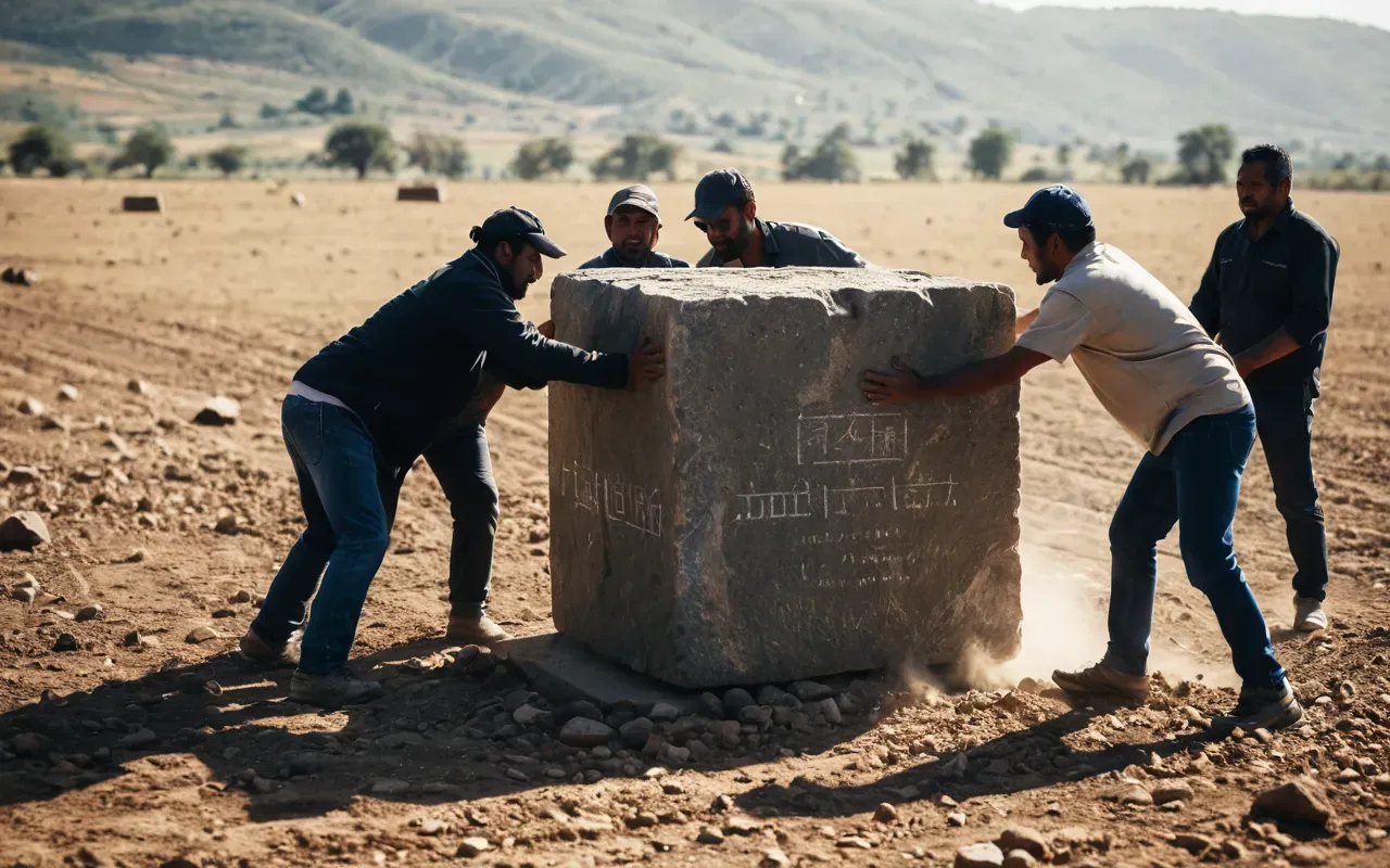 A group of people working together to move a large stone block in a dusty open field under bright sunlight showing physical effort and coordination.