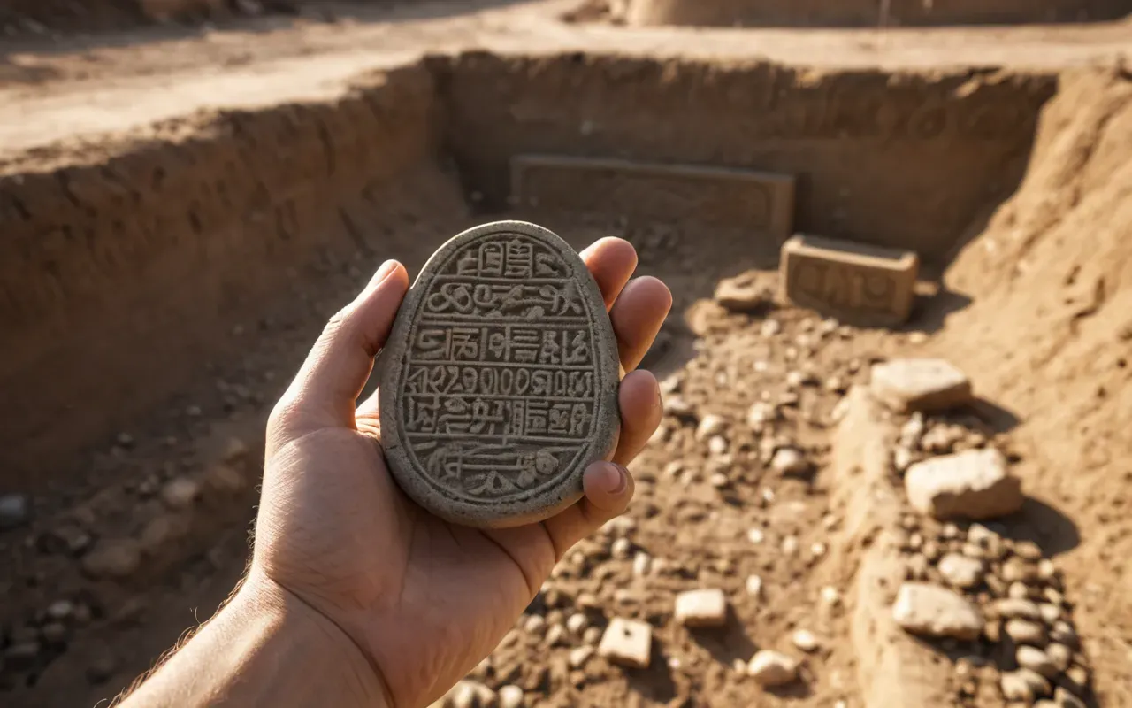 holding ancient artifact A hand holding a small carved stone object against the background of a dusty excavation trench with warm afternoon light filtering through and highlighting the details of the carving.