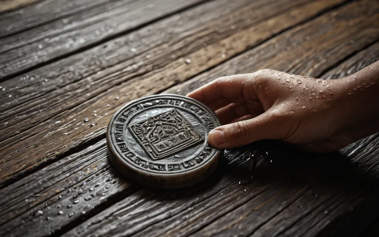 sumerian star maps A hand holding a small carved stone seal over a piece of wet clay on a rustic wooden surface. The focus is on the tactile interaction and the soft lighting that emphasizes the smooth texture of the materials.