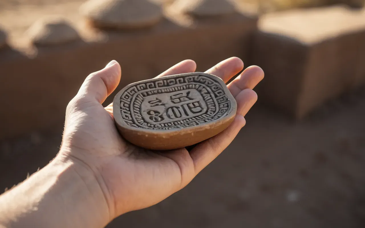 A hand holding a smooth ancient pottery fragment against a blurred background of natural earth tones and soft sunlight.