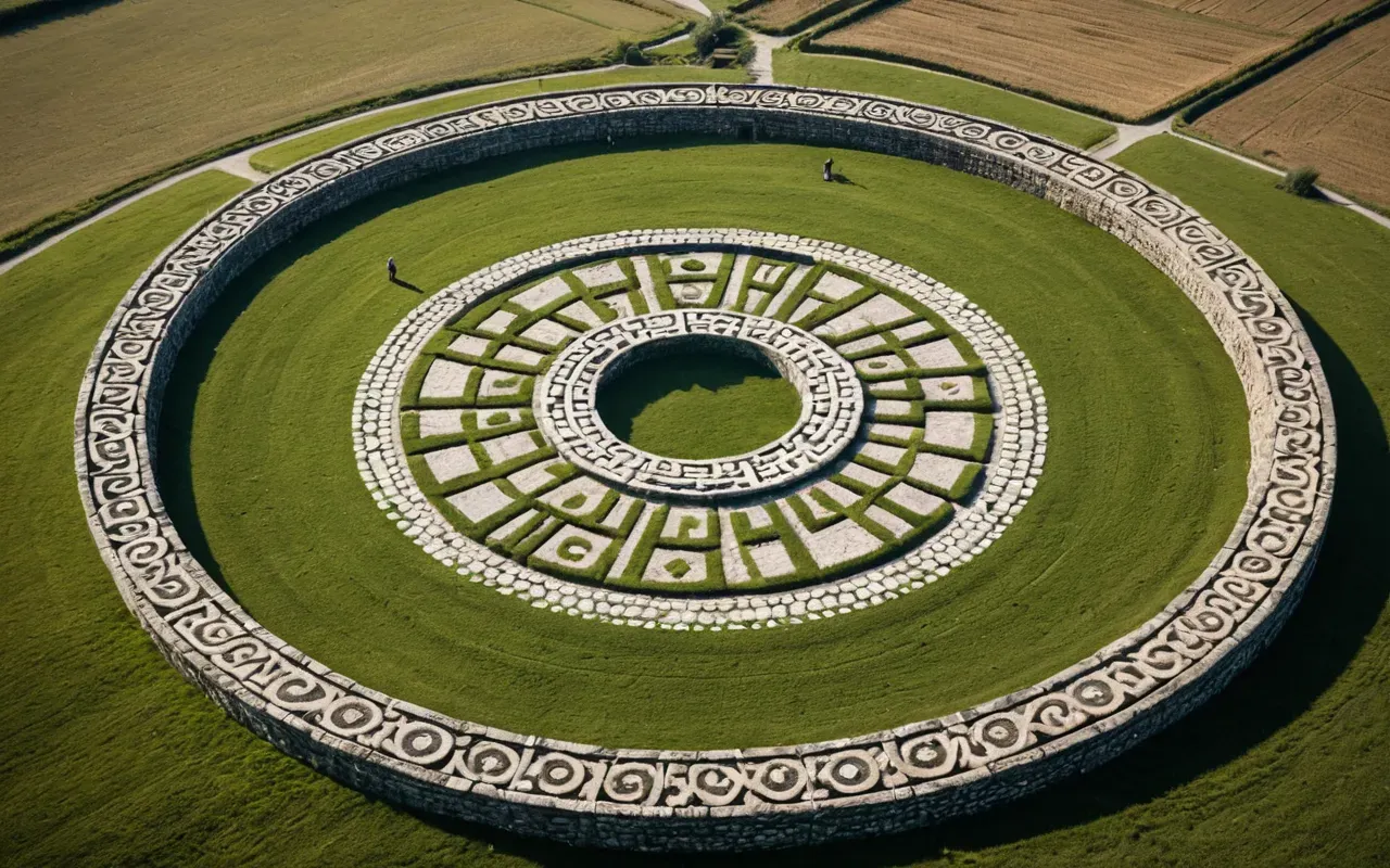 circular ancient stone arrangement A high-angle aerial view of circular stone structures arranged in a planned pattern across an open grassy field under soft morning light.