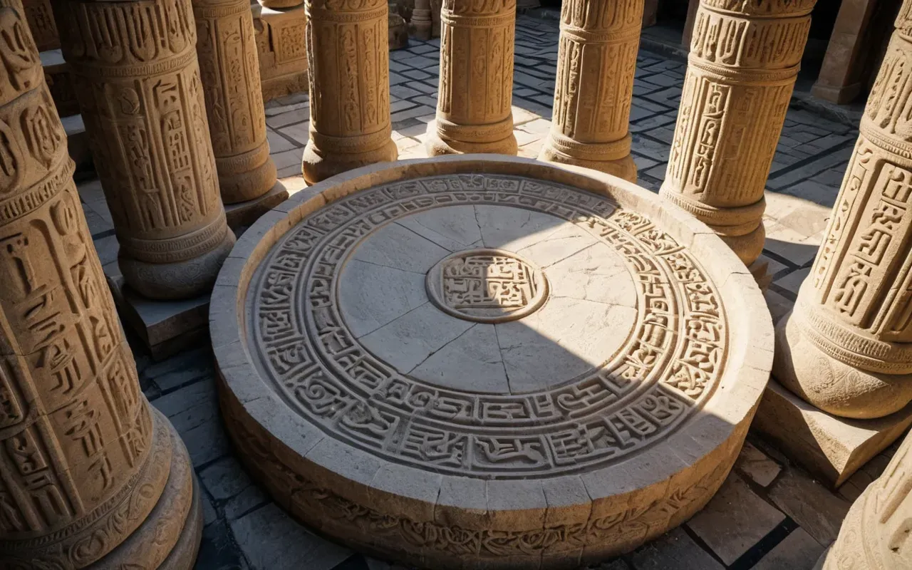 ancient stone circles A high angle view of massive carved T shaped limestone pillars standing in a circular arrangement with detailed animal reliefs on their surfaces and warm afternoon sunlight casting long shadows across the dusty ground.