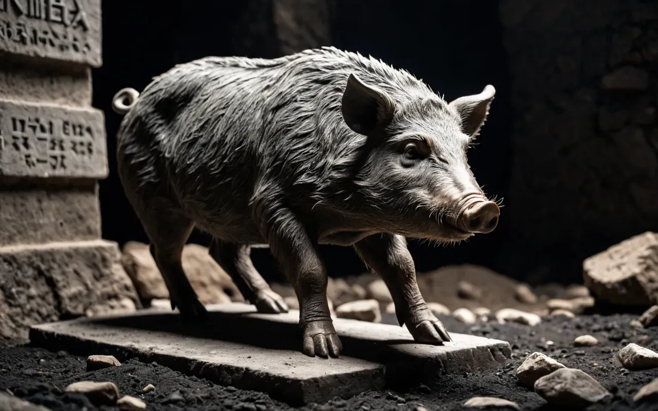 painted limestone wild boar A hyper-realistic close-up of a limestone wild boar statue with visible red white and black pigment residues on its surface set against a dark excavation background with soft natural lighting highlighting the texture of the stone.