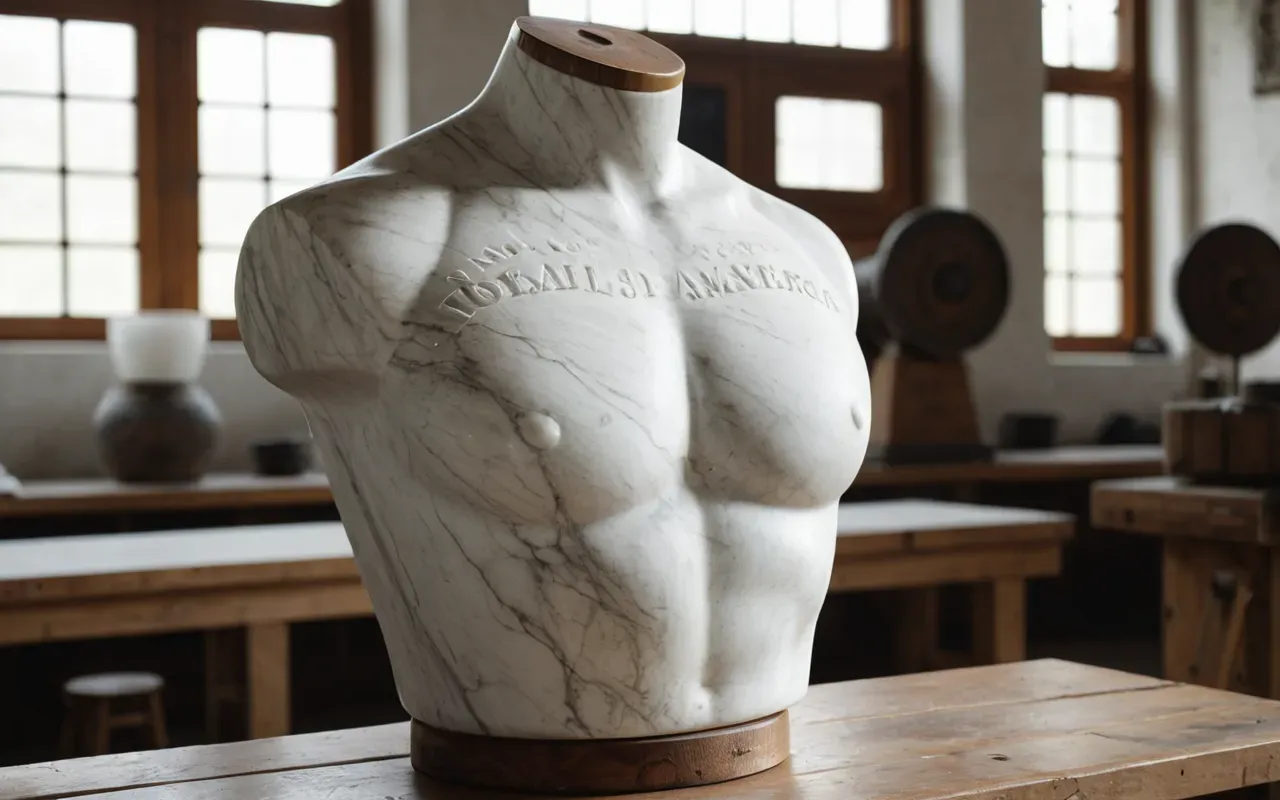 Roman sculpture Anatolia A large white marble torso with carved details lying on a wooden stand in an open workshop. Natural light streams through high windows illuminating the texture of the stone.