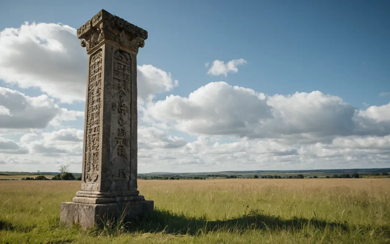 stone architecture A massive weathered stone pillar standing alone in a grassy field under bright daylight with soft clouds above and no people or text visible.