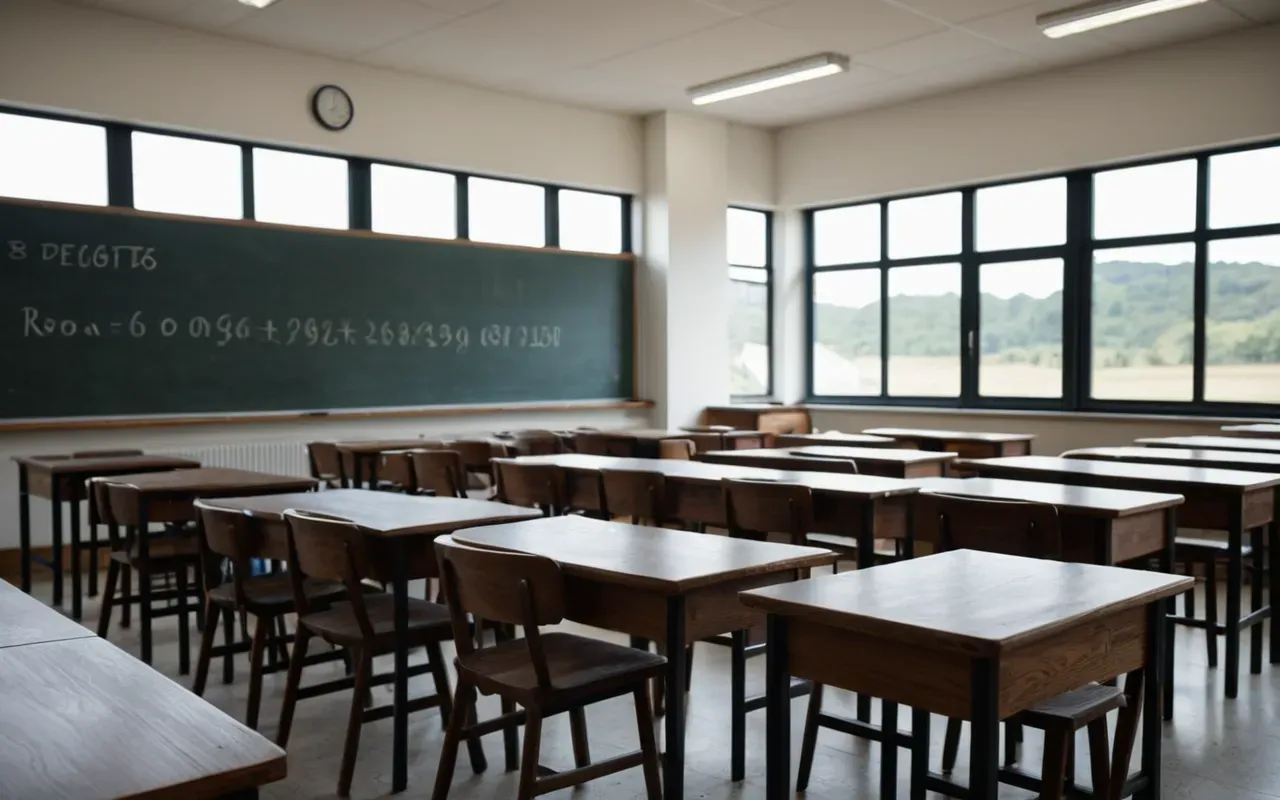 classroom setting education A modern classroom with wooden desks and natural light from large windows showing a bright clear sky outside during daytime hours
