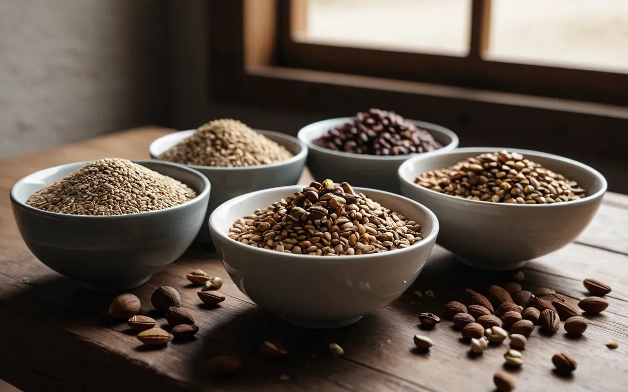 grains and nuts A modern editorial still life of ceramic bowls filled with dried grains and nuts on a wooden table under soft natural light emphasizing texture and color without any labels or text