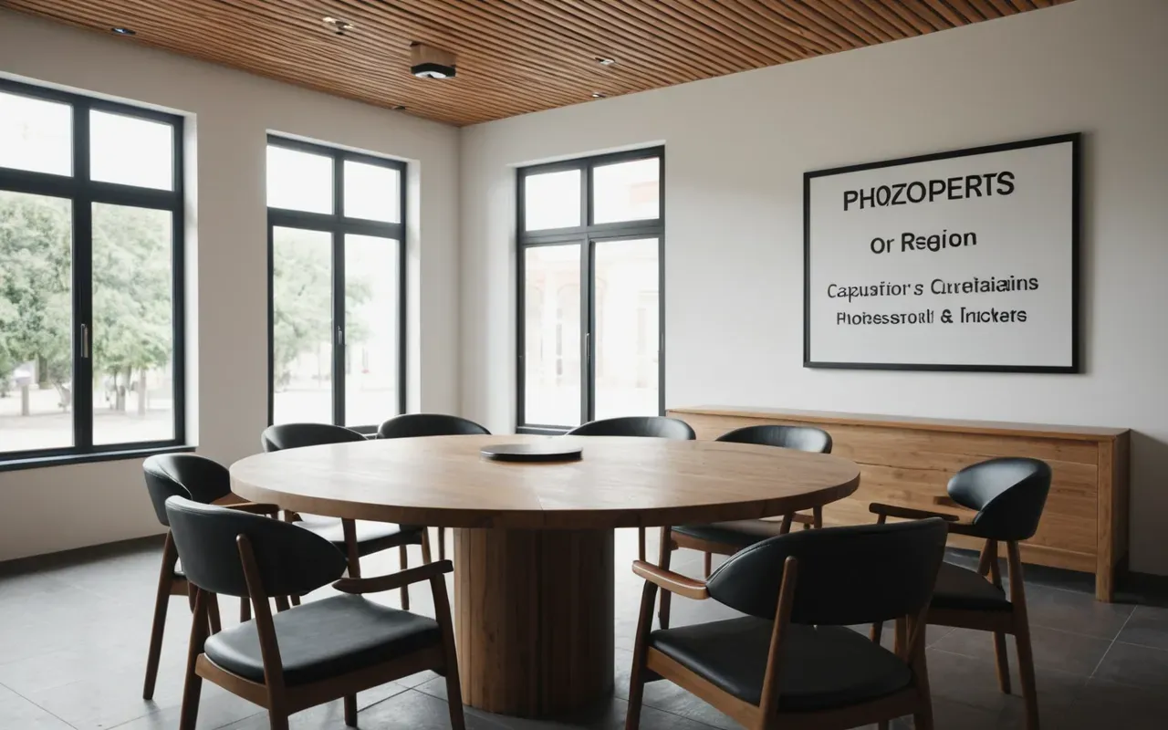 modern meeting space A modern minimalist meeting room with round wooden table and chairs arranged for discussion in soft natural daylight