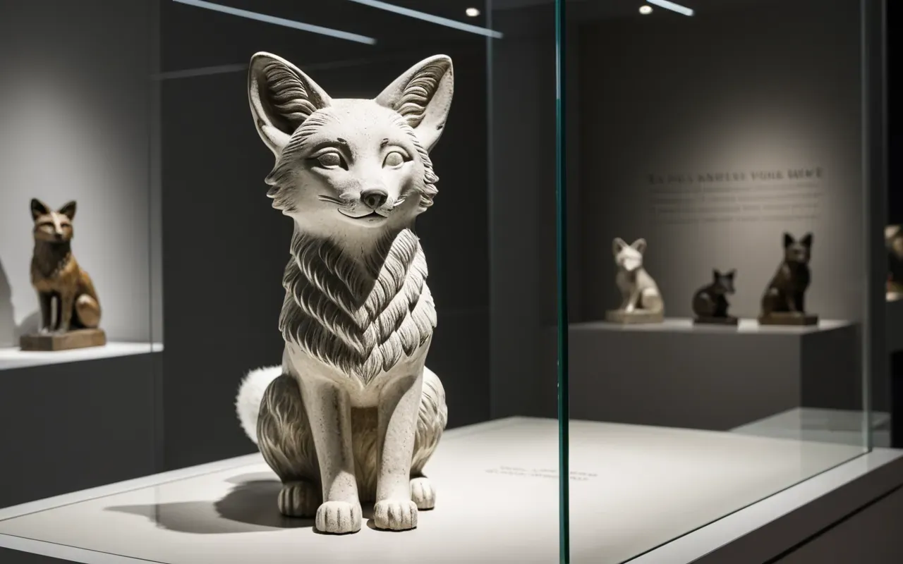 A modern museum display case containing a small carved limestone fox statue with soft spotlighting and neutral gray background walls.