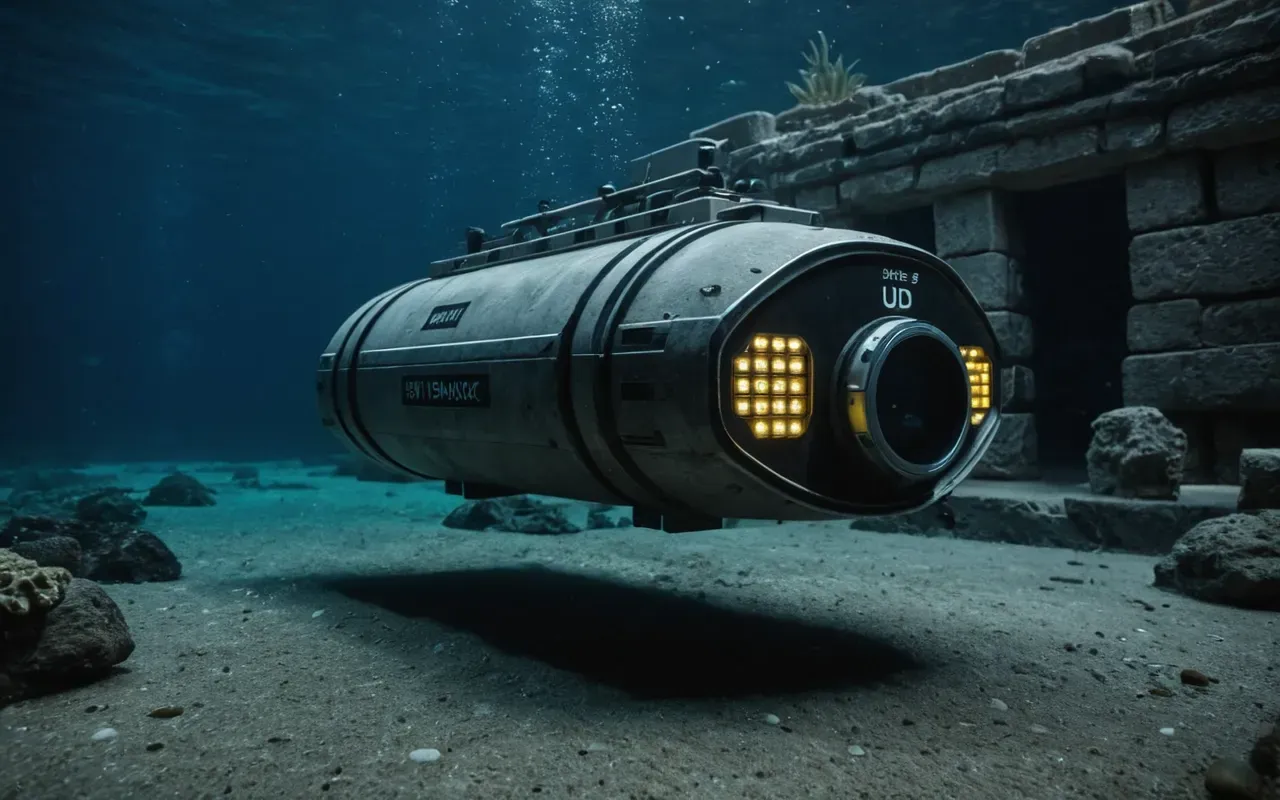 A modern robotic underwater vehicle with bright lights illuminating a dark lake floor where large stone structures are partially visible in the distance.