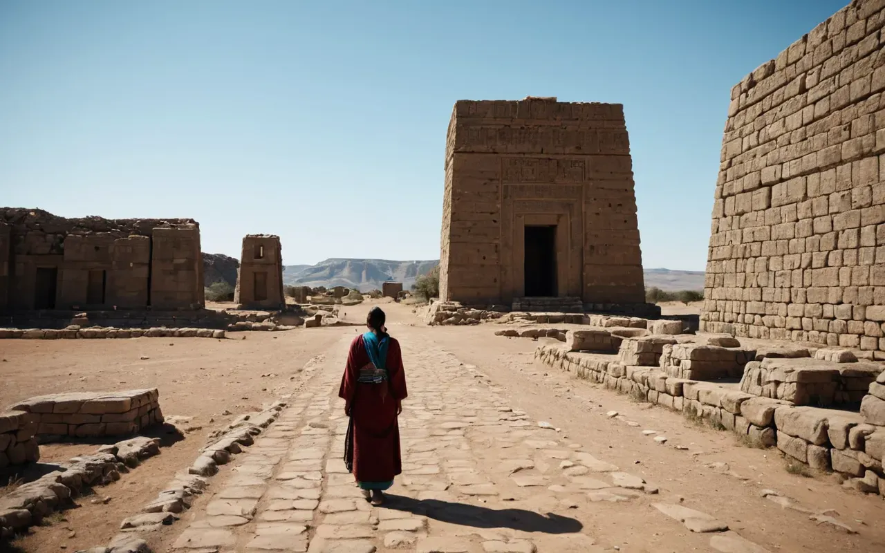 visitor perspective A person standing at a distance looking up at massive ancient stone structures in an open landscape. The sky is clear blue and the ground is dry earth with sparse vegetation. The scene conveys awe and scale without showing any modern infrastructure.