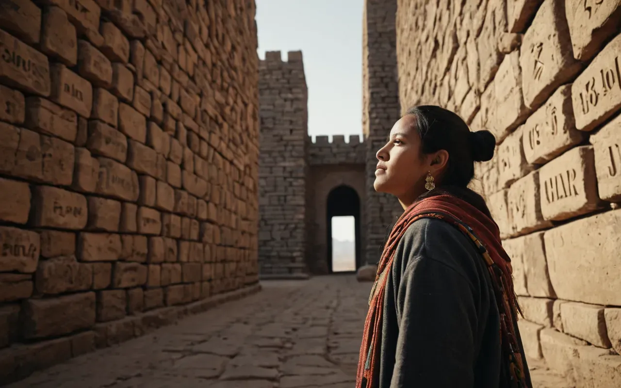 A person standing in a large open space looking up at tall stone structures with warm lighting and a sense of awe but no facial details or text visible.