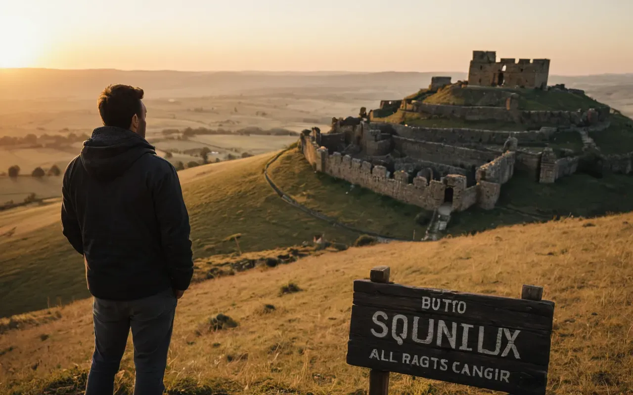 landscape view A person standing on a hill looking out over a landscape with large stone structures in the distance under a golden sunset.