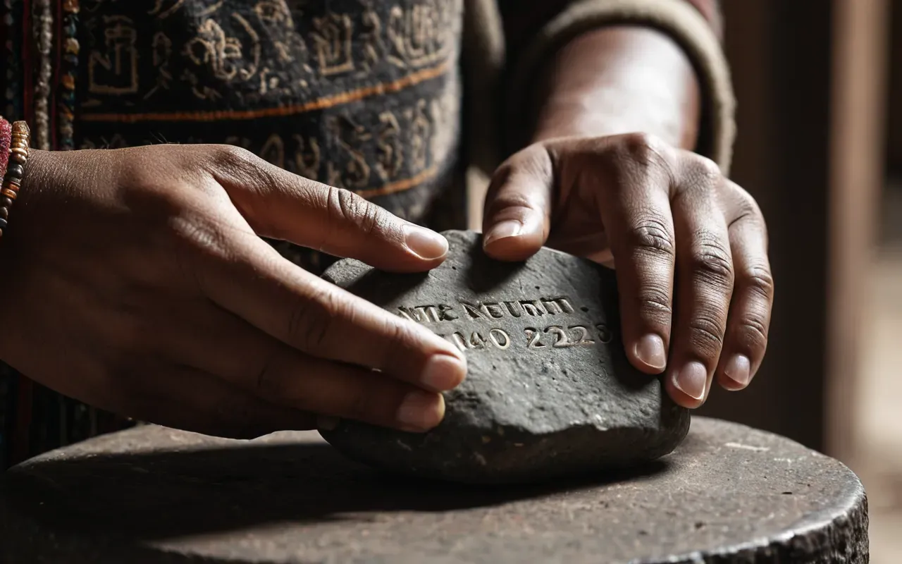 stone tool handling A person's hands holding a small stone tool with sharp edges under soft indoor lighting. The focus is on the texture of the skin and stone.