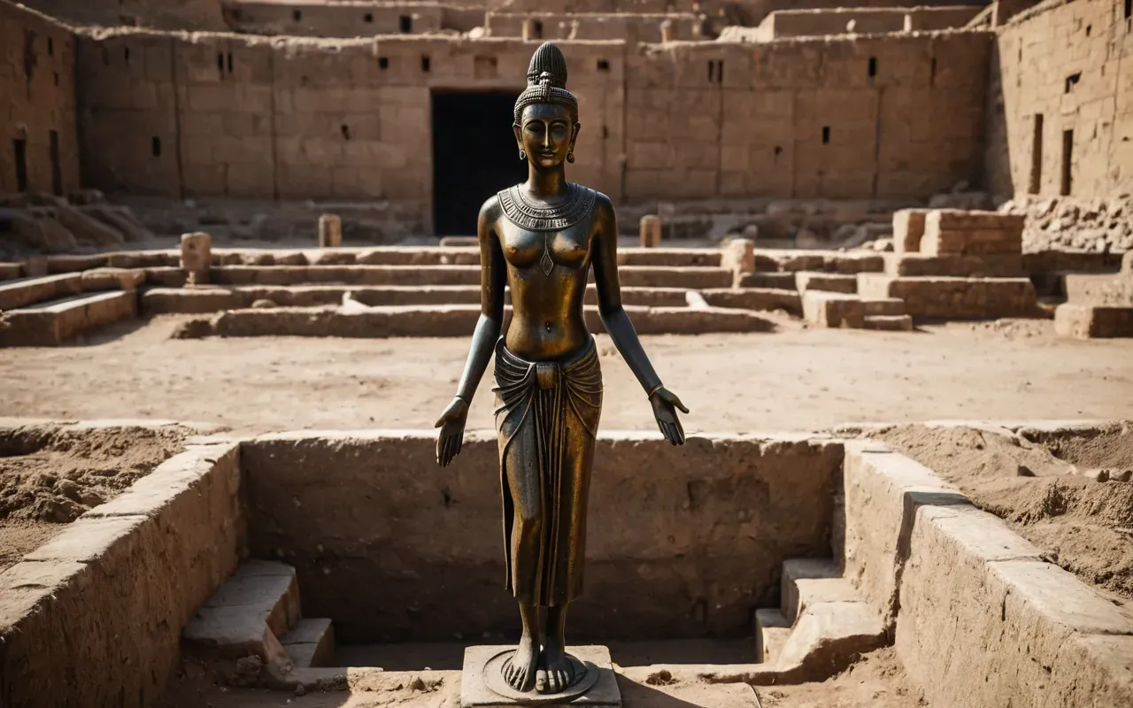 A photo-realistic image of a tall bronze standing statue with elongated hands and a solemn expression standing in the center of an archaeological excavation pit surrounded by dirt mounds.