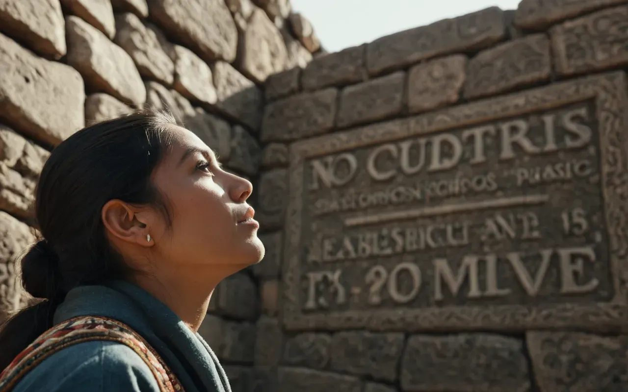 modern perspective on antiquity A photo-realistic scene of a modern person looking up at an ancient stone structure with natural lighting and no text or identifiable personal features visible.