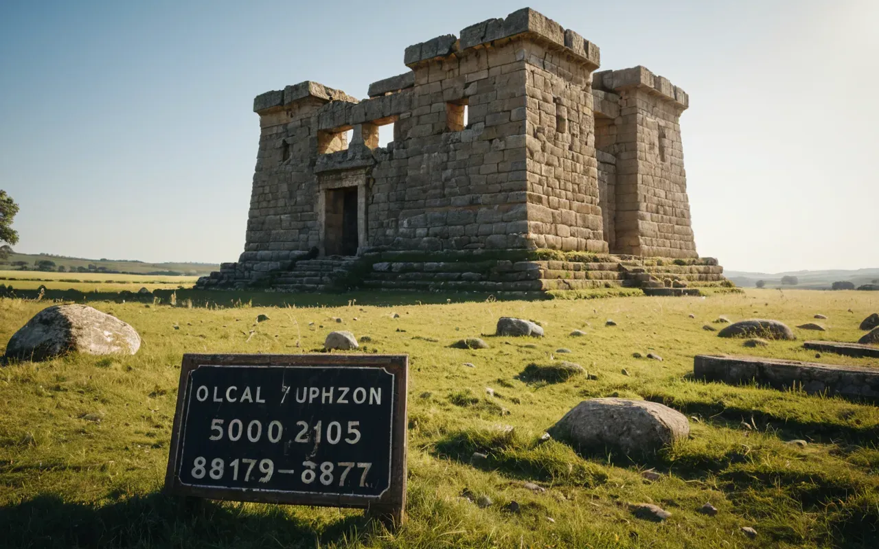 ancient stone architecture A photo-realistic view of a massive ancient stone structure in an open field under bright sunlight with no people present and no text visible on the stones.