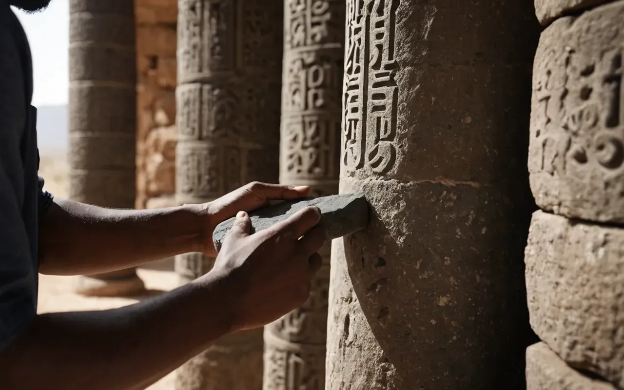 ancient tool usage scene A photo-realistic view of hands holding rough stone tools near a large vertical pillar with natural lighting and no text or faces visible.
