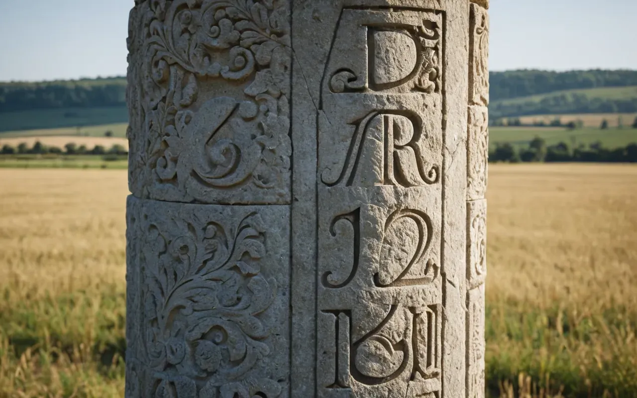 ancient pillars A photorealistic close-up of a weathered limestone pillar standing in an open field under bright daylight. The stone surface shows intricate carvings and natural erosion patterns. Shadows fall sharply across the ground, emphasizing the massive scale and texture of the ancient rock formation.