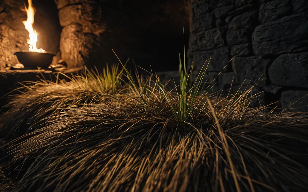 A realistic close-up of dried grass mats layered with fine ash inside a dark rocky alcove, illuminated by soft firelight highlighting the texture of the plant fibers and mineral dust.