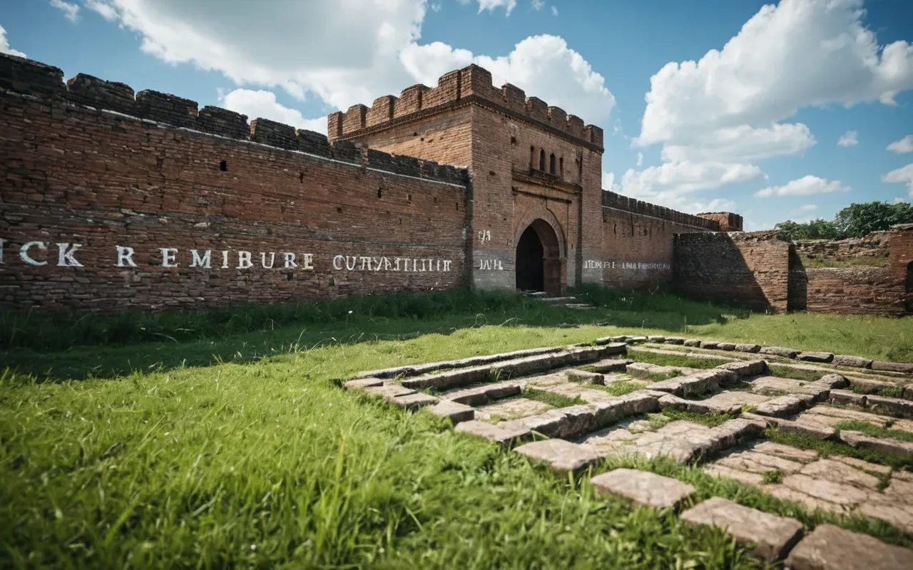 A realistic scene of ancient brick foundations and stone walls partially buried in grass under a bright blue sky with scattered clouds.