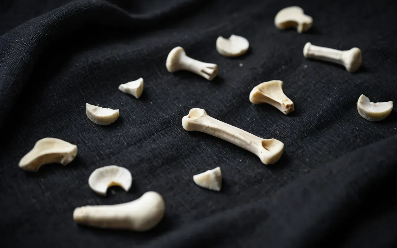 A respectful close-up photograph of human bone fragments arranged neatly on a dark cloth with soft diffused lighting and no background distractions.