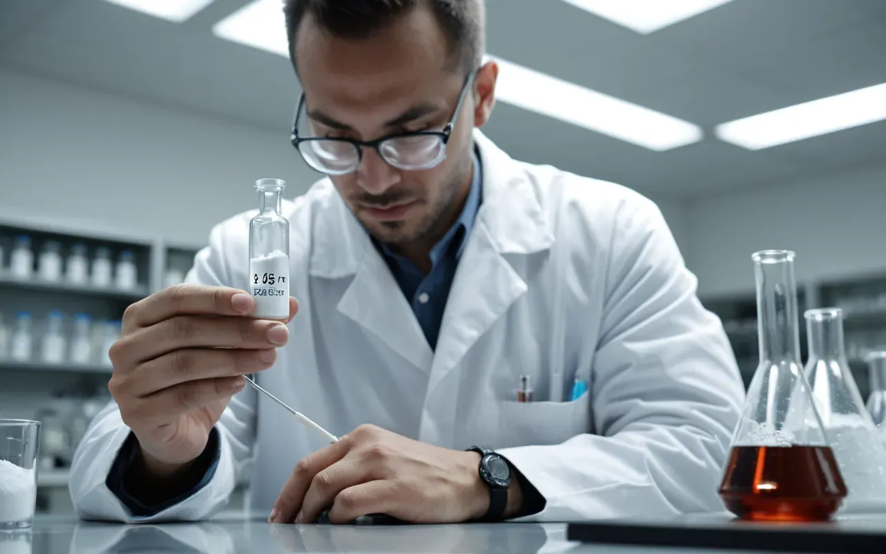 tooth enamel analysis A scientist holding a small vial of white powder under bright laboratory lights with glassware and instruments in the background showing a clean professional setting without any visible text or labels.