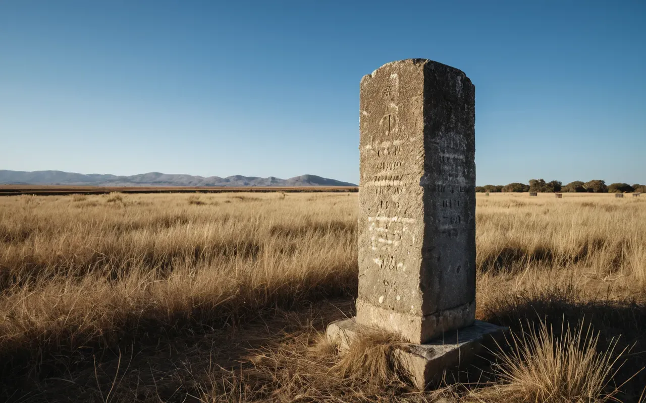 A single ancient stone pillar standing in a field of dry grass under a clear blue sky with dramatic shadows emphasizing its isolation and age.