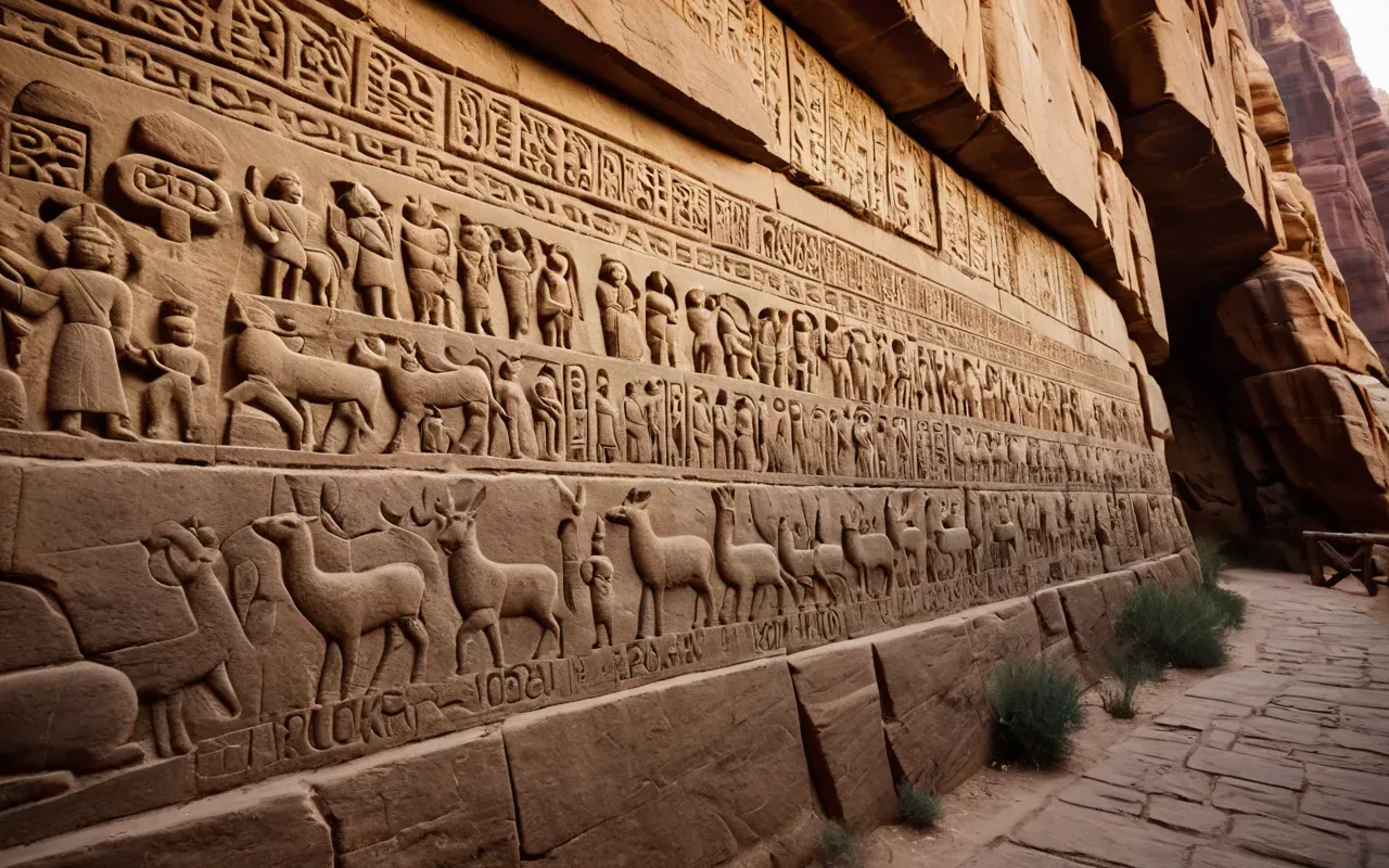 A sunlit sandstone canyon wall covered in detailed ancient rock carvings of animals and human figures with no visible modern structures or text.