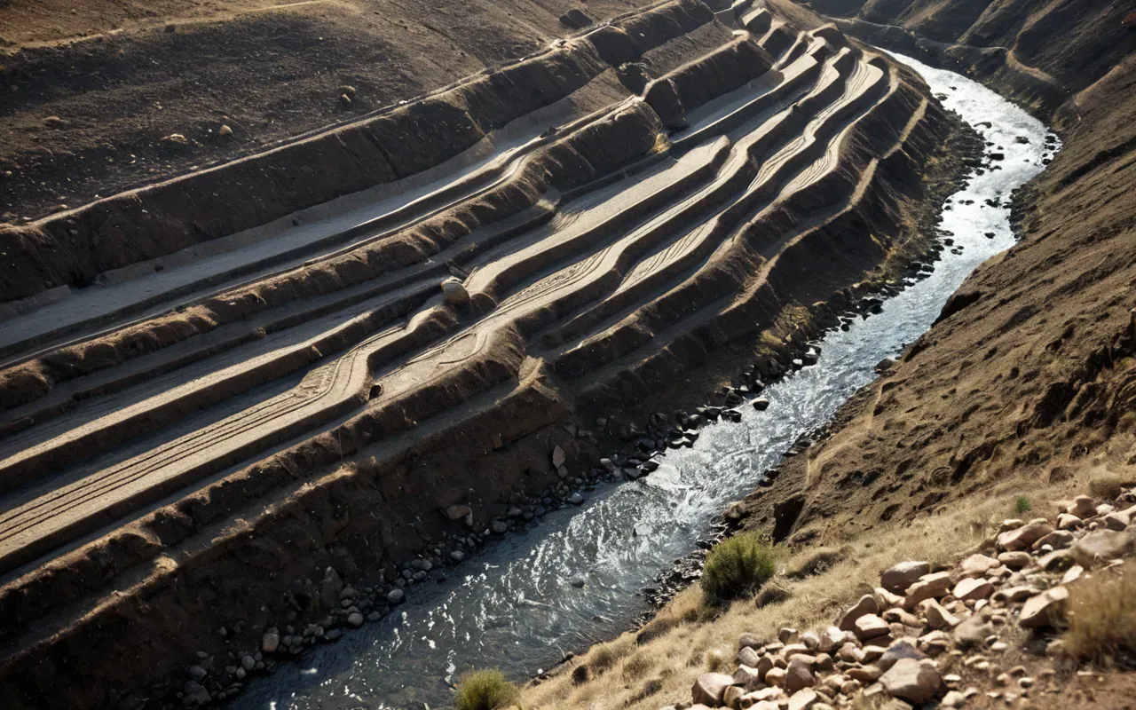hillside erosion patterns visualized A view from above a hillside showing layers of earth and rock. A small stream cuts through the slope, indicating water flow paths. The terrain is dry with sparse grasses.