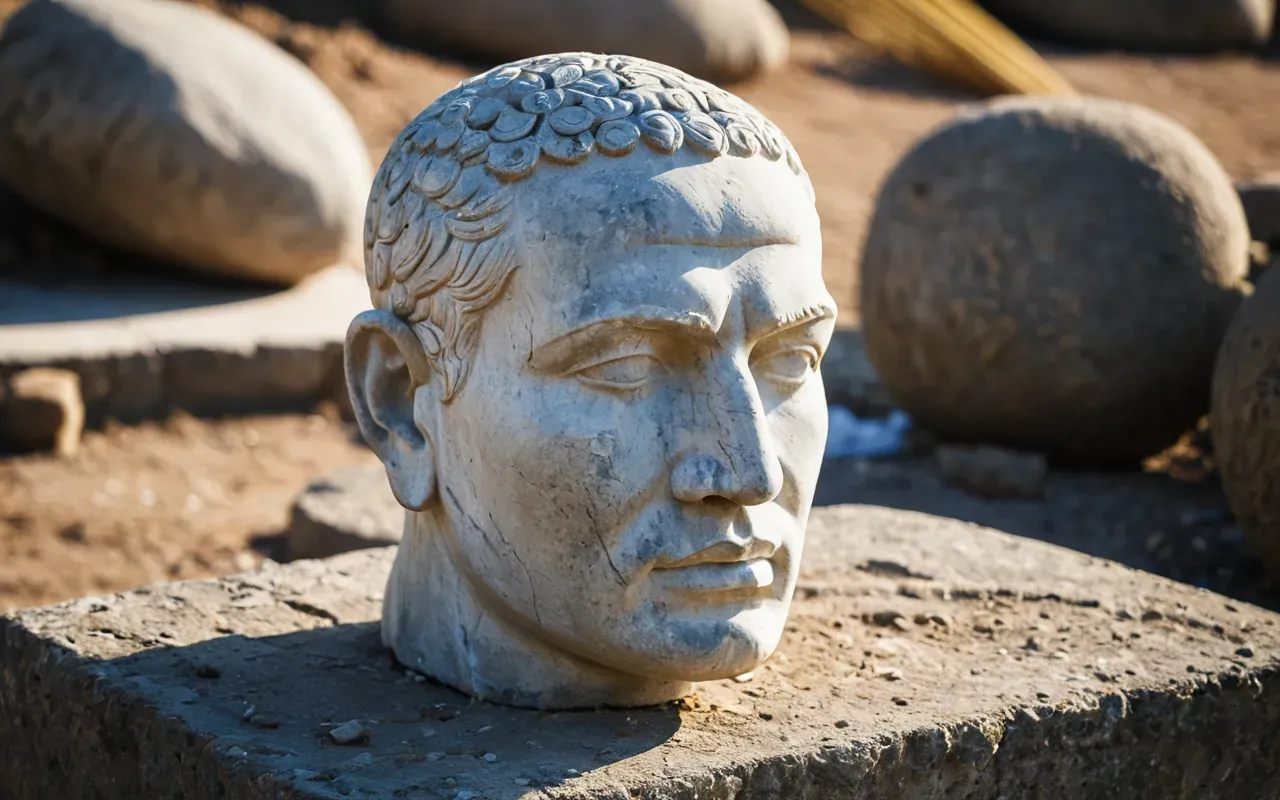 marble statue reconstruction A weathered marble head with a laurel wreath resting on a rough stone surface in soft morning light. The background shows blurred excavation tools and earth. No text or signs are visible.