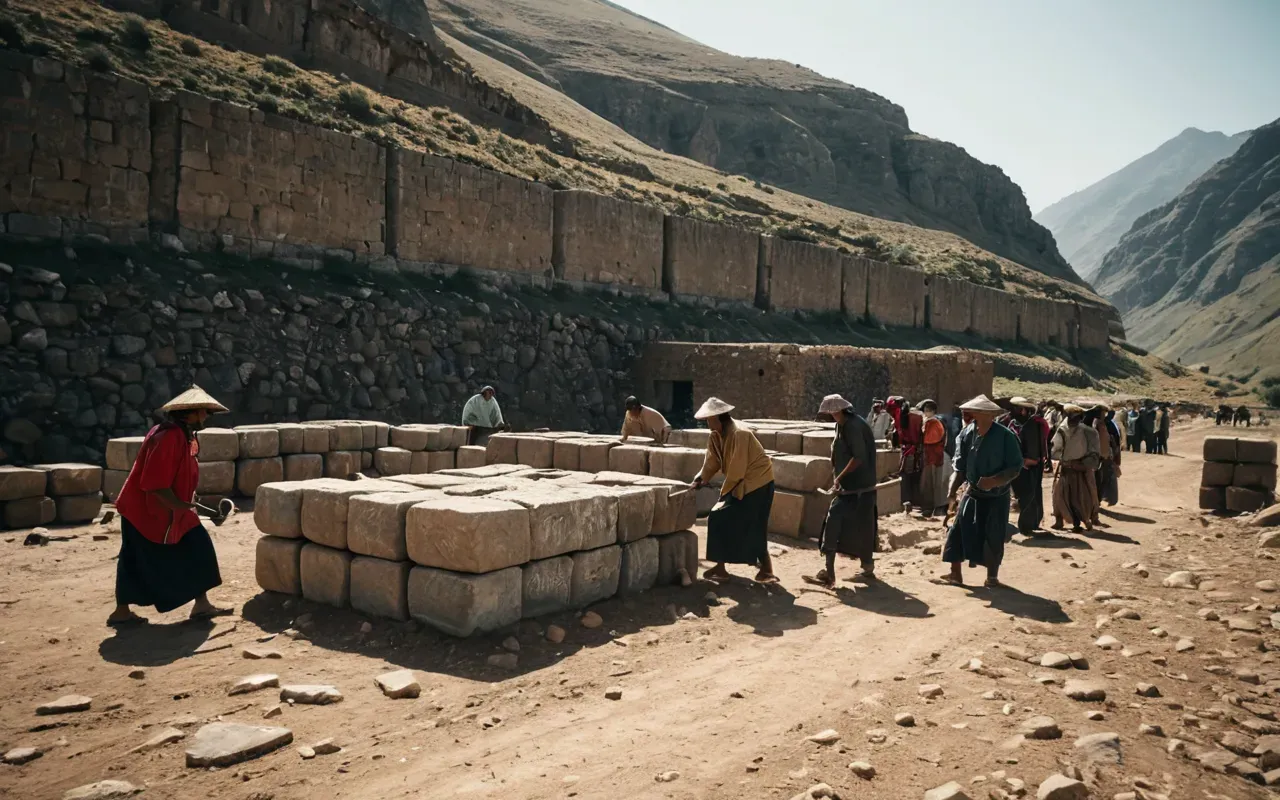 A wide-angle photograph of a group of people working together to move large stone blocks across open terrain with natural daylight and dynamic movement.