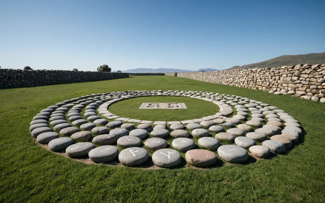 circular stone monument A wide-angle shot of a circular arrangement of large vertical stones in an open grassy area with clear blue sky and no people or text present.