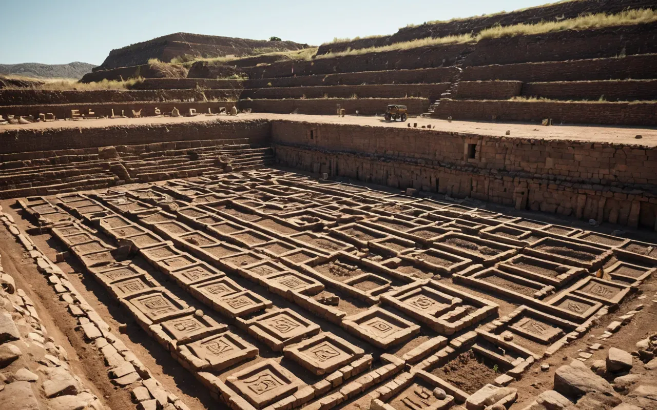 A wide-angle shot of an archaeological excavation site with neat rows of earth layers and small tools scattered around under a clear sky showing the organized nature of modern fieldwork without any people or text in view.