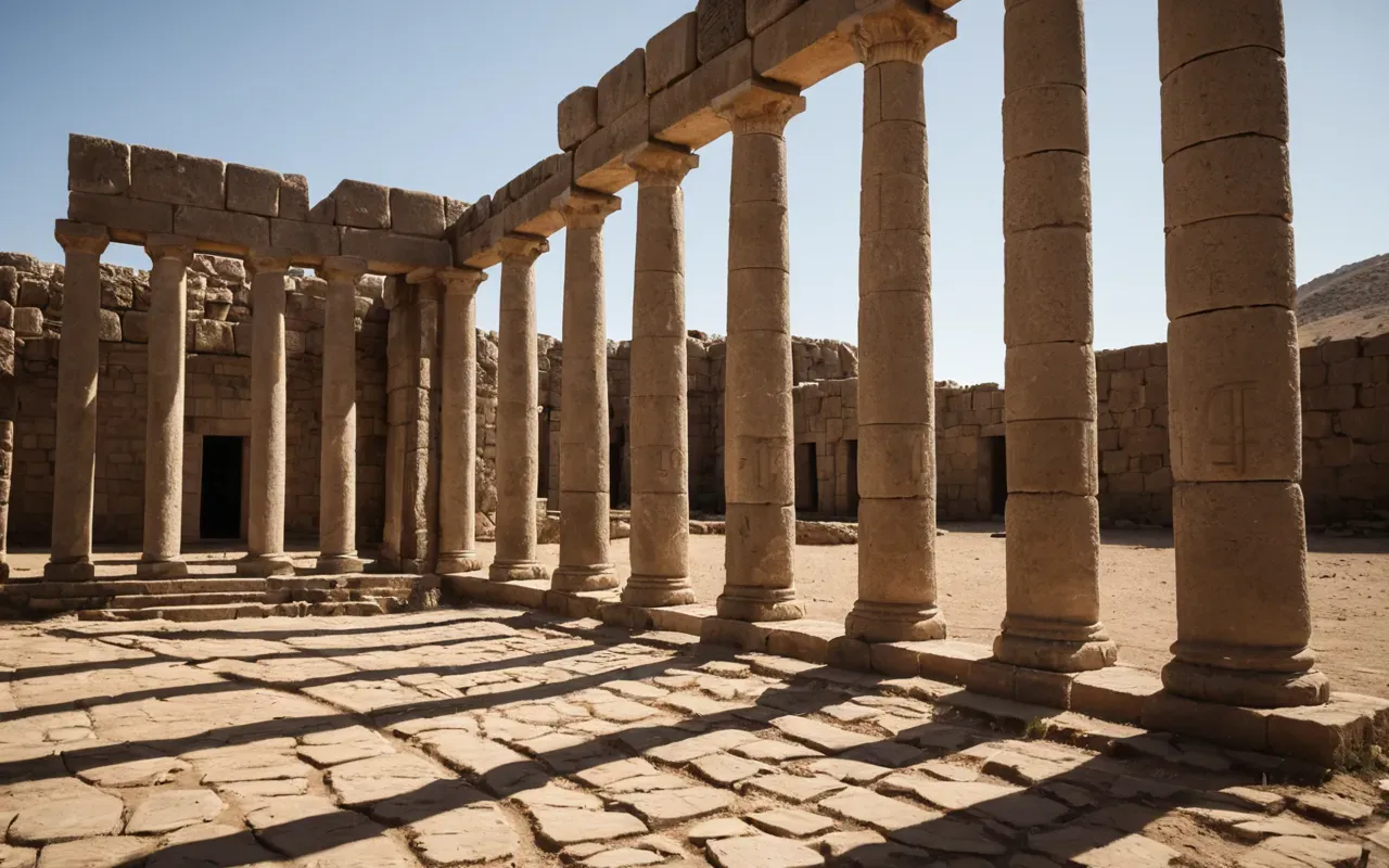 A wide-angle shot of massive rough-hewn stone columns standing in a circle under bright daylight with soft shadows on the dry earth ground.